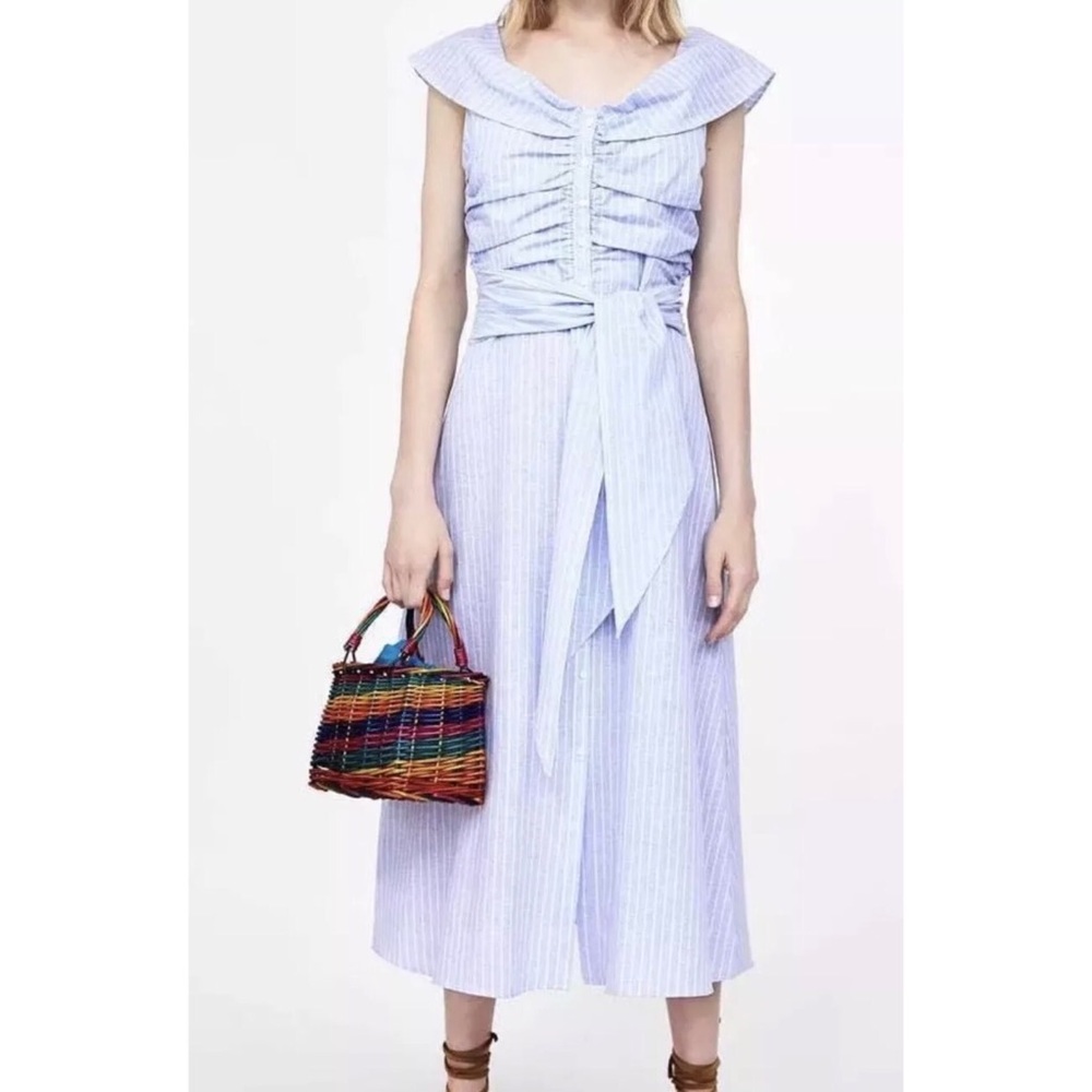NWT ZARA DRESS XL BLUE STRIPE MAXI OFF SHOULDER